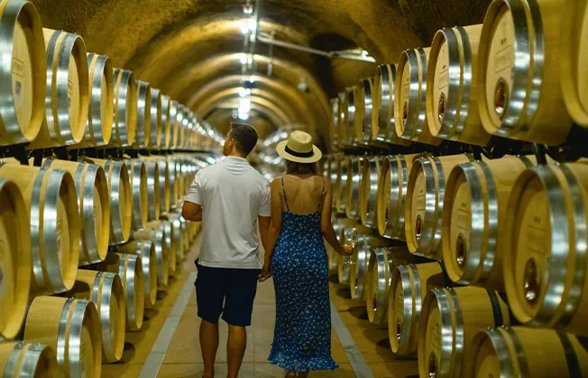 Couple walking through Napa wine caves.